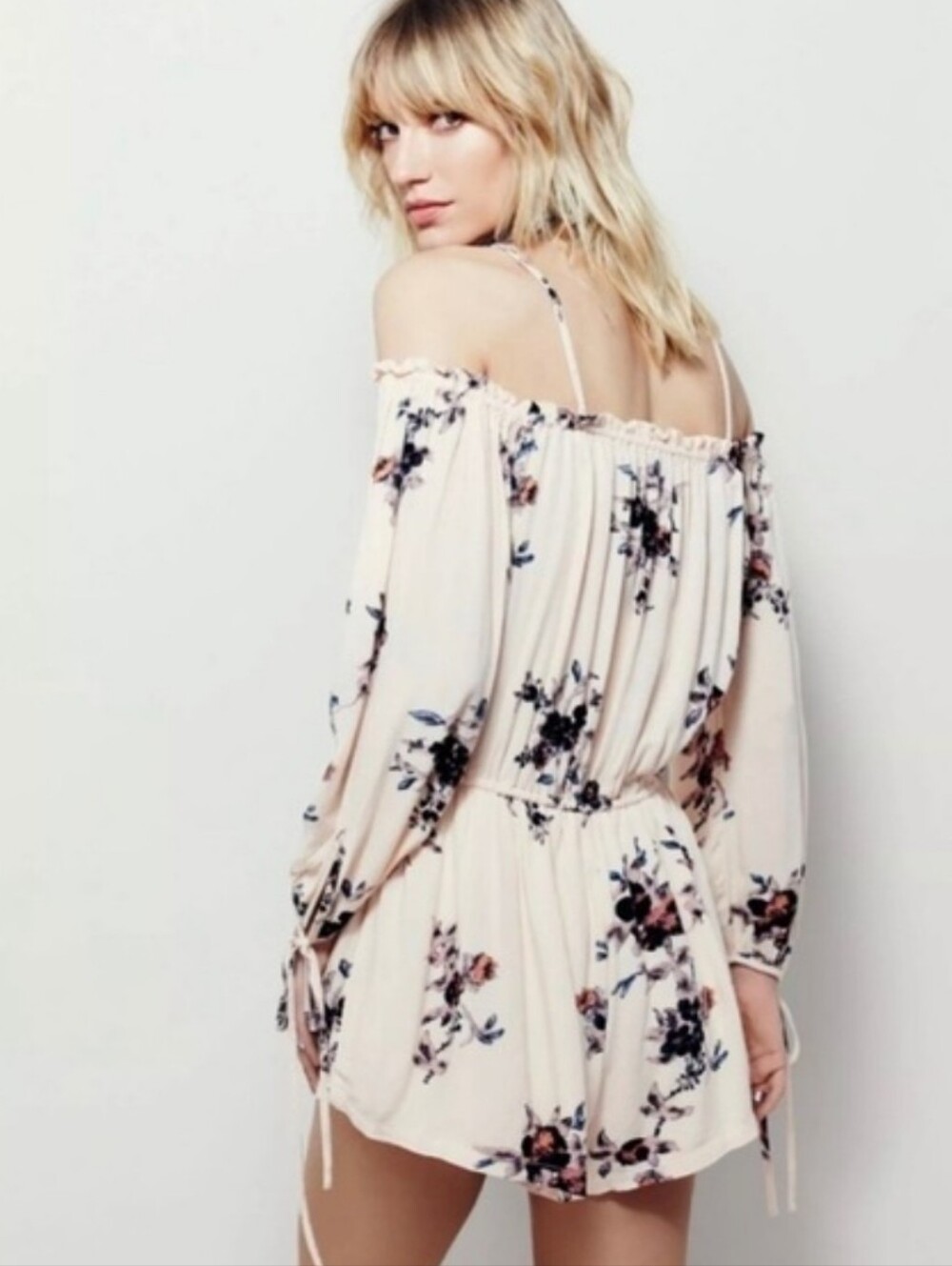 Free People M Blush Pink Floral Print Off Shoulder Boho Romper - Picture 2 of 12